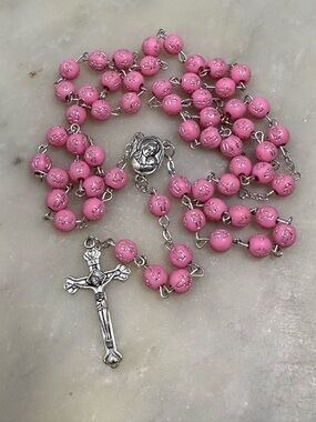 Rosary Necklace with RosePink Beads and Silver Crucifix